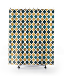 Teal and Gold Art Deco Diamond Shower Curtain | Bathtub Curtain | Bathroom Decor + Quotes