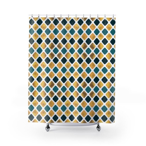 Teal and Gold Art Deco Diamond Shower Curtain | Bathtub Curtain | Bathroom Decor + Quotes