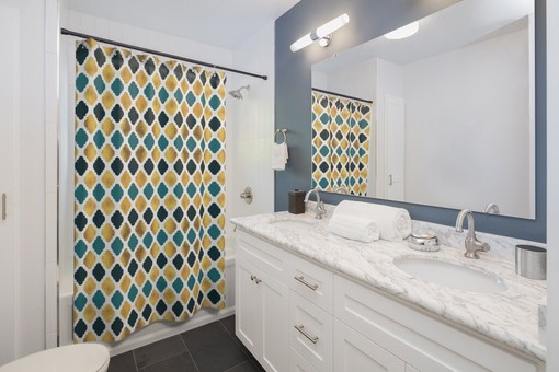 Teal and Gold Art Deco Diamond Shower Curtain | Bathtub Curtain | Bathroom Decor + Quotes - Image 2