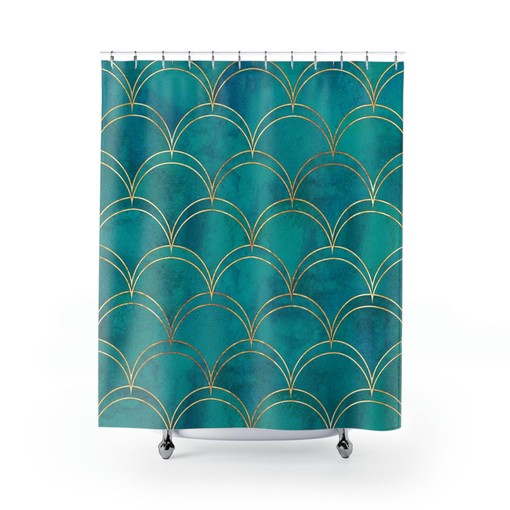 Teal and Gold Mermaid Scales Modern Coastal Bathroom Shower Curtain | teal shower curtains - Image 2
