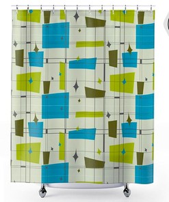 Teal and Green Mid Century Modern Geometric Abstract Shower Curtain
