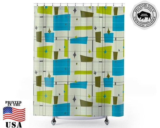 Teal and Green Mid Century Modern Geometric Abstract Shower Curtain