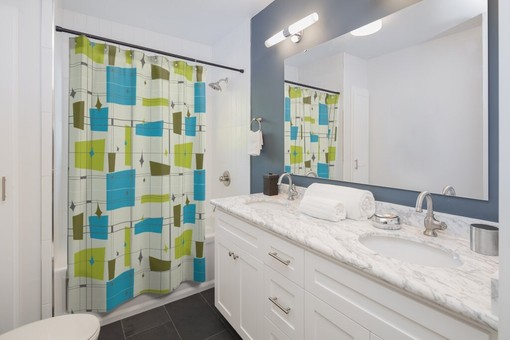 Teal and Green Mid Century Modern Geometric Abstract Shower Curtain - Image 2
