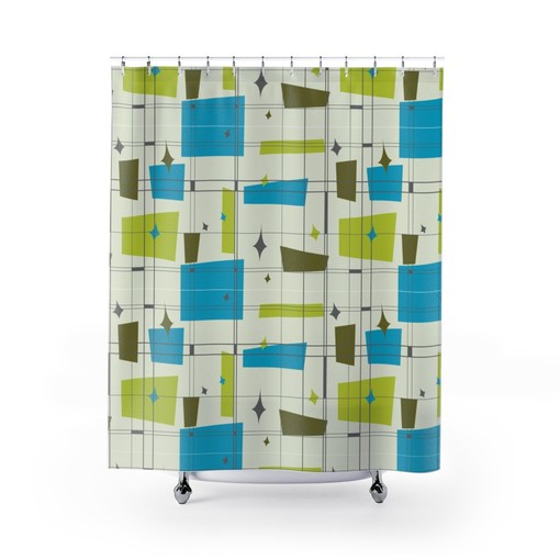Teal and Green Mid Century Modern Geometric Abstract Shower Curtain - Image 3