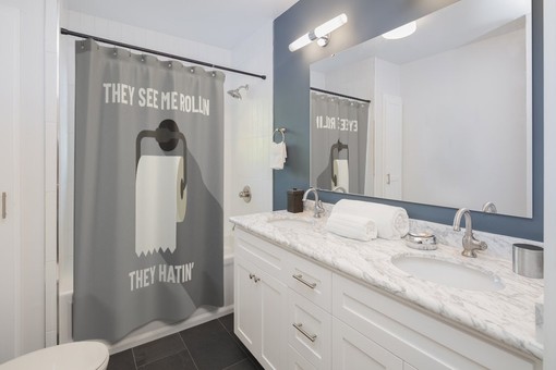 They See Me Rollin Fun Gray Adult Humor Shower Curtain - Add Laughter To Your Restroom - Image 2