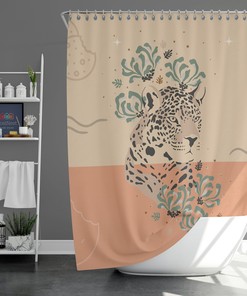 Tiger Forest Shower Curtain, Customizable Size, Botanical Wildlife Floral Print