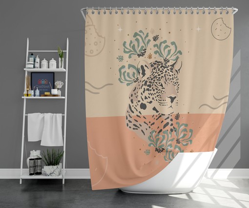 Tiger Forest Shower Curtain, Customizable Size, Botanical Wildlife Floral Print