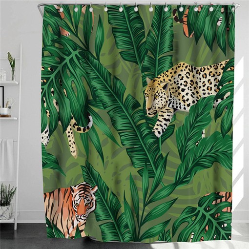 Tiger in the Forest Shower Curtain, Botanical Wildlife Print, Bathroom Decor