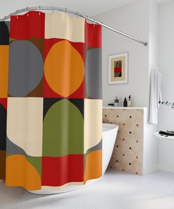 Timeless MCM Geometric Retro Red, Gray, Black Mustard Brown Green Shower Curtain