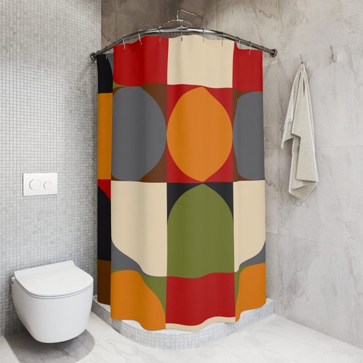 Timeless MCM Geometric Retro Red, Gray, Black Mustard Brown Green Shower Curtain - Image 2