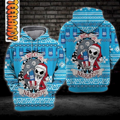 Tis the Season for Bud Light in a 3D Jack Skellington Christmas Hoodie with Custom All Over Print Design