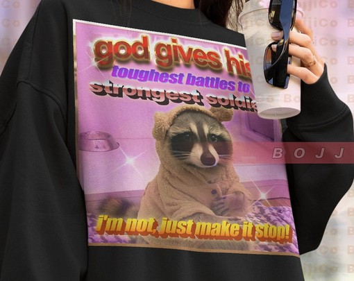 Tough Battles and Existential Jokes in Sweatshirt Form - Opossum and Trash Eating Possum Tee with Raccoon Tanuki - Image 4