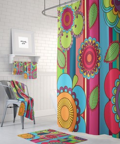 Traditional Talavera Floral Shower Curtain Set - Classic Bath Set with Optional Towels and Mat Rustic Bathroom Decor
