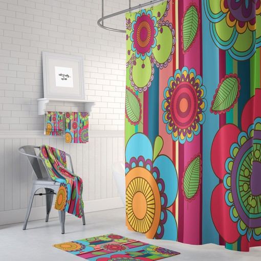 Traditional Talavera Floral Shower Curtain Set - Classic Bath Set with Optional Towels and Mat Rustic Bathroom Decor