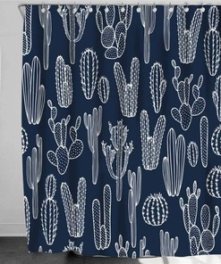 Transform Your Bathroom with Cacti Flora Botanical Desert Shower Curtain, Blue White Cactus Plant Fabric Home Bath Room