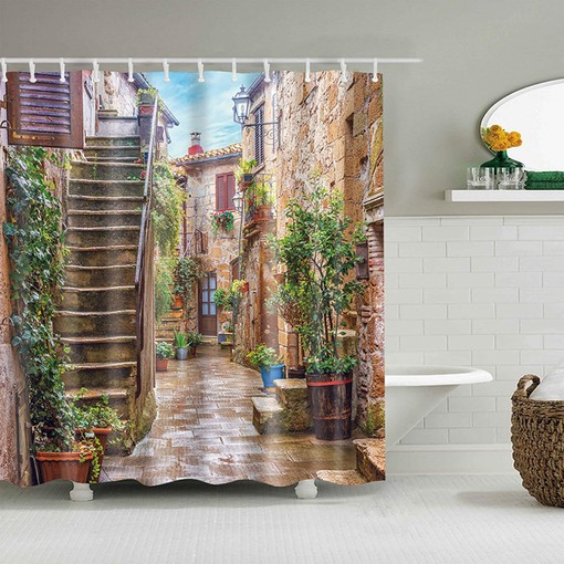 Transport Yourself to an Ancient Village with Home Shower Curtain, Wooden Door and Patio Bathroom Decoration