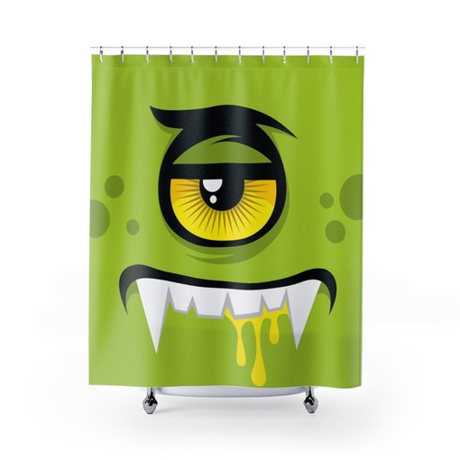Travel Shower Curtain with Green Eye Monster Face for Kids Bathroom Decor