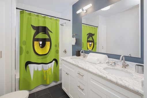 Travel Shower Curtain with Green Eye Monster Face for Kids Bathroom Decor - Image 2