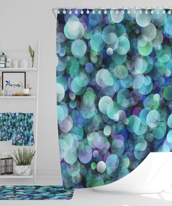 Trendy Blue Brokeh Shower Curtain with Optional Towels and Mat
