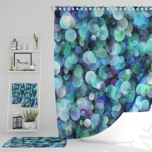 Trendy Blue Brokeh Shower Curtain with Optional Towels and Mat