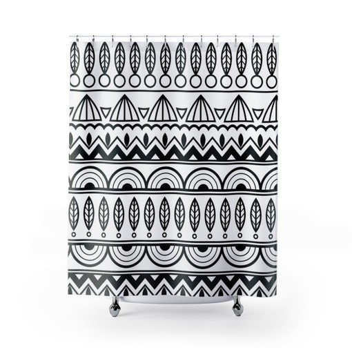 Tribal Line Art Shower Curtain | Black and White Bathroom Decor | Bohemian Theme | Customizable