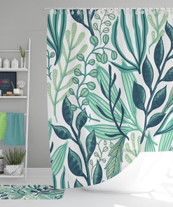Tropical Blue Leaves Botanical Shower Curtain | Forest Print Bathroom Decor