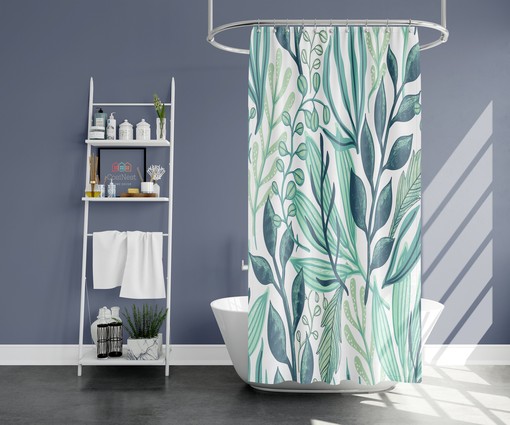 Tropical Blue Leaves Botanical Shower Curtain | Forest Print Bathroom Decor - Image 2