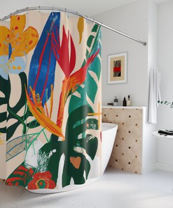Tropical Bohemian Jungle Birds Of Paradise and Monstera Retro Flower Shower Curtain for a Bohemian Bathroom