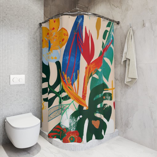 Tropical Bohemian Jungle Birds Of Paradise and Monstera Retro Flower Shower Curtain for a Bohemian Bathroom - Image 2