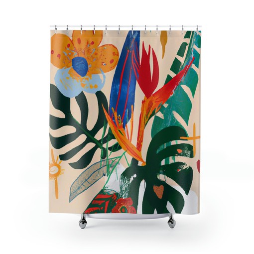 Tropical Bohemian Jungle Birds Of Paradise and Monstera Retro Flower Shower Curtain for a Bohemian Bathroom - Image 3
