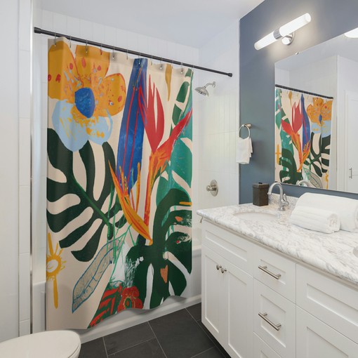 Tropical Bohemian Jungle Birds Of Paradise and Monstera Retro Flower Shower Curtain for a Bohemian Bathroom - Image 4