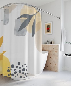 Tropical Contemporary Abstract Art Shower Curtain, Neutral Warm Earth Tones with Lakehouse Leaves Design