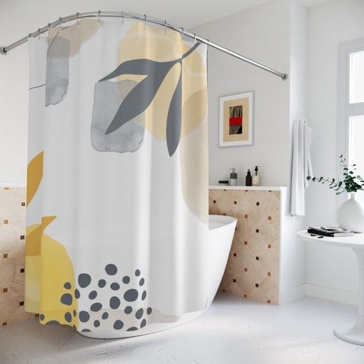 Tropical Contemporary Abstract Art Shower Curtain, Neutral Warm Earth Tones with Lakehouse Leaves Design
