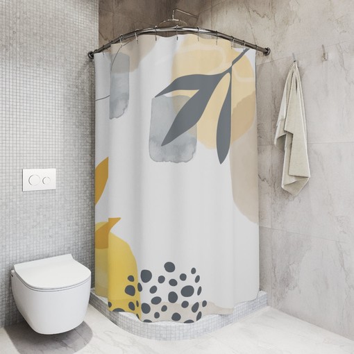 Tropical Contemporary Abstract Art Shower Curtain, Neutral Warm Earth Tones with Lakehouse Leaves Design - Image 2
