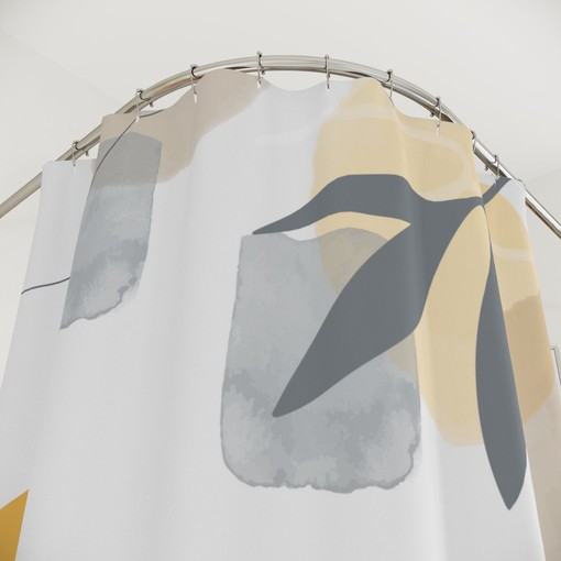 Tropical Contemporary Abstract Art Shower Curtain, Neutral Warm Earth Tones with Lakehouse Leaves Design - Image 4