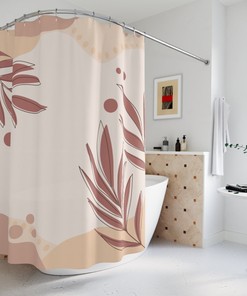 Tropical Contemporary Abstract Art Shower Curtain or Mat, Warm Earth Tones with Leaf Design