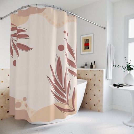 Tropical Contemporary Abstract Art Shower Curtain or Mat, Warm Earth Tones with Leaf Design