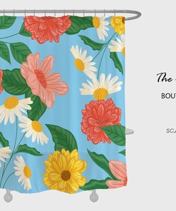 Tropical Floral Shower Curtain with Hooks, Customizable Size, Plant Bathroom Decor
