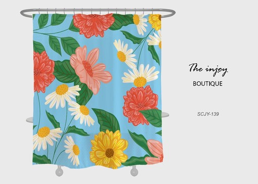 Tropical Floral Shower Curtain with Hooks, Customizable Size, Plant Bathroom Decor