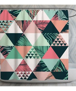 Tropical Geometric Vintage Shower Curtain, Pink and Green Bath Curtain
