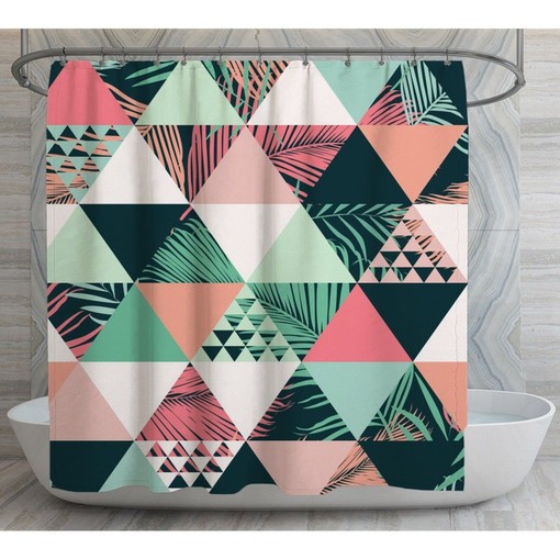 Tropical Geometric Vintage Shower Curtain, Pink and Green Bath Curtain