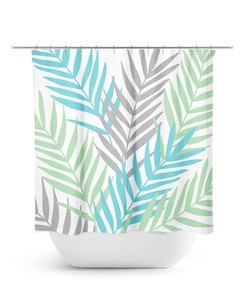 Tropical Guest Bathroom Decor with Green Blue Gray Sea Glass Shower Curtain featuring Palm Tree Leaves - SHOWER63