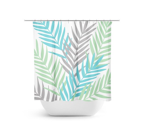 Tropical Guest Bathroom Decor with Green Blue Gray Sea Glass Shower Curtain featuring Palm Tree Leaves - SHOWER63