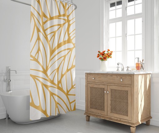 Tropical Leaf Shower Curtain - Mid-Century Modern Bath Decor with Abstract Yellow Botanical Foliage