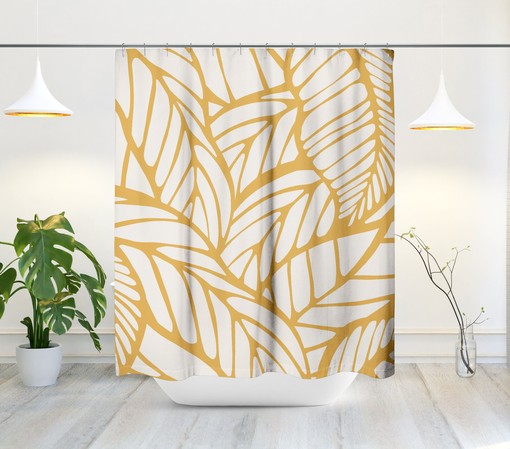 Tropical Leaf Shower Curtain - Mid-Century Modern Bath Decor with Abstract Yellow Botanical Foliage - Image 2