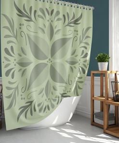 Tropical Leaves Colorful Shower Curtain | Green Leaves Graphic Botanical Linen Bathroom Curtain and Mat