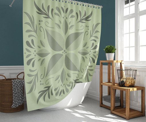 Tropical Leaves Colorful Shower Curtain | Green Leaves Graphic Botanical Linen Bathroom Curtain and Mat