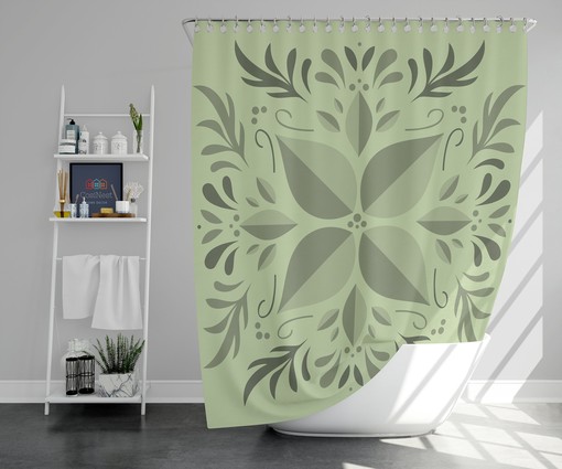 Tropical Leaves Colorful Shower Curtain | Green Leaves Graphic Botanical Linen Bathroom Curtain and Mat - Image 2