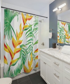 Tropical Lobster Claws Shower Curtain, Exotic Botanical Jungle Bathroom Decor, Bath Curtain