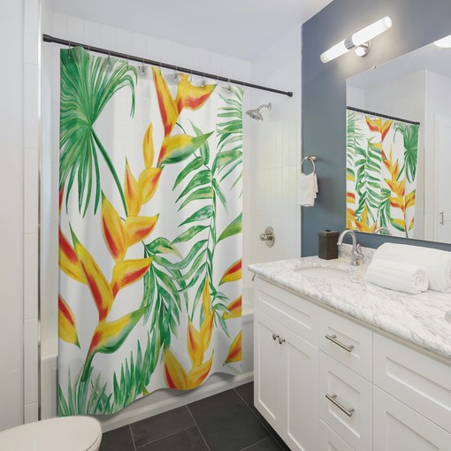 Tropical Lobster Claws Shower Curtain, Exotic Botanical Jungle Bathroom Decor, Bath Curtain